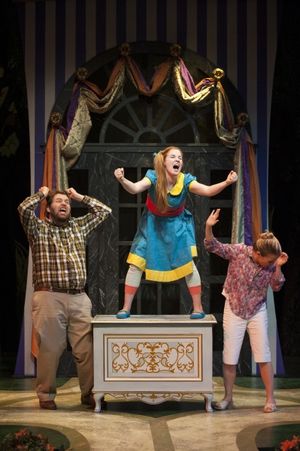 Lulu (Casie Platt â€â€" c) demands that her parents (Doug Wilder â€â€" l, Tracey Stephens â€â€" r) give her a brontosaurus for her birthday. @ BroadwayWorld Lulu (Casie Platt â€â€" c) demands that her parents (Doug Wilder â⿠Photo