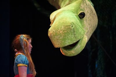 Lulu (Casie Platt) explains to Mr. B (Vaughn Irving) why he should be her pet. Photo