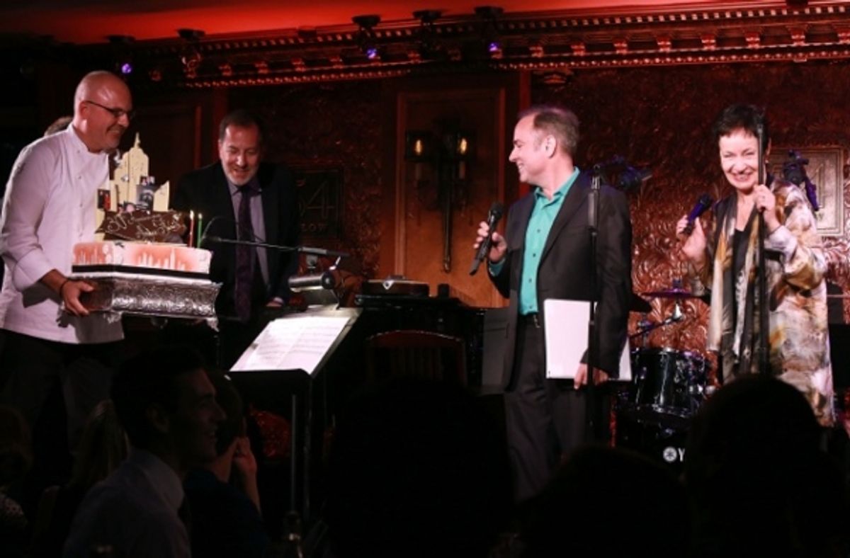 Andre Marrero, musical director Ted Sperling,  Stephen Flaherty and Lynn Ahrens at 