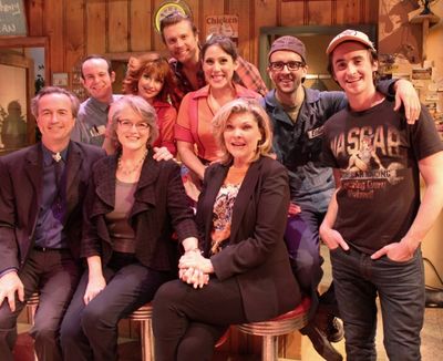  Mark Cuddy, Cass Morgan, Debra Monk; Back Row: Jonathan Spivey, Erin Maguire, Johnny Photo