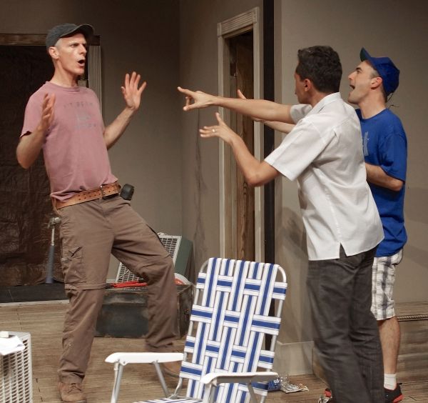 Dan (Stephen Underwood) being confronted by Kevin (Bari Robinson) and Steve (Mark Rub Photo