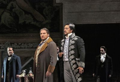 Adam Kirkpatrick (Spoletta), Massimiliano Pisapia (Mario Cavaradossi), and Luis Ledes Photo