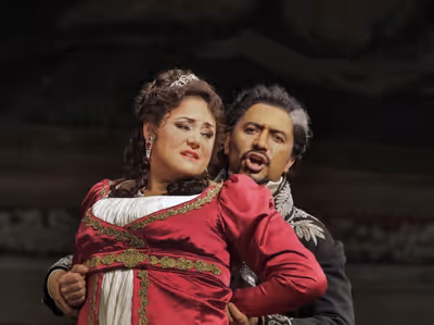 Kara Shay Thomson as Floria Tosca and Luis Ledesma as Baron Scarpia Photo