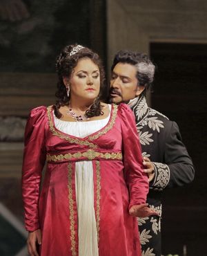 Kara Shay Thomson as Floria Tosca and Luis Ledesma as Baron Scarpia Photo