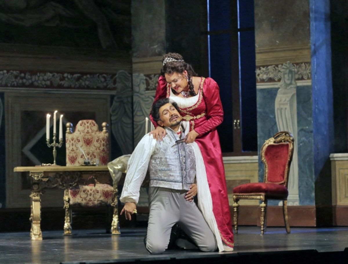 Kara Shay Thomson as Floria Tosca and Luis Ledesma as Baron Scarpia at 