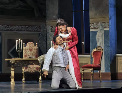 Kara Shay Thomson as Floria Tosca and Luis Ledesma as Baron Scarpia Photo