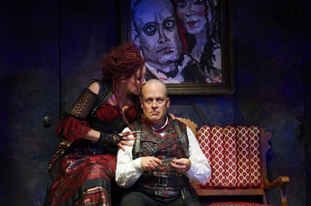 Actors Tom Ford (as Sweeney Todd) and Sara M. Bruner (as Mrs. Lovett)  at 