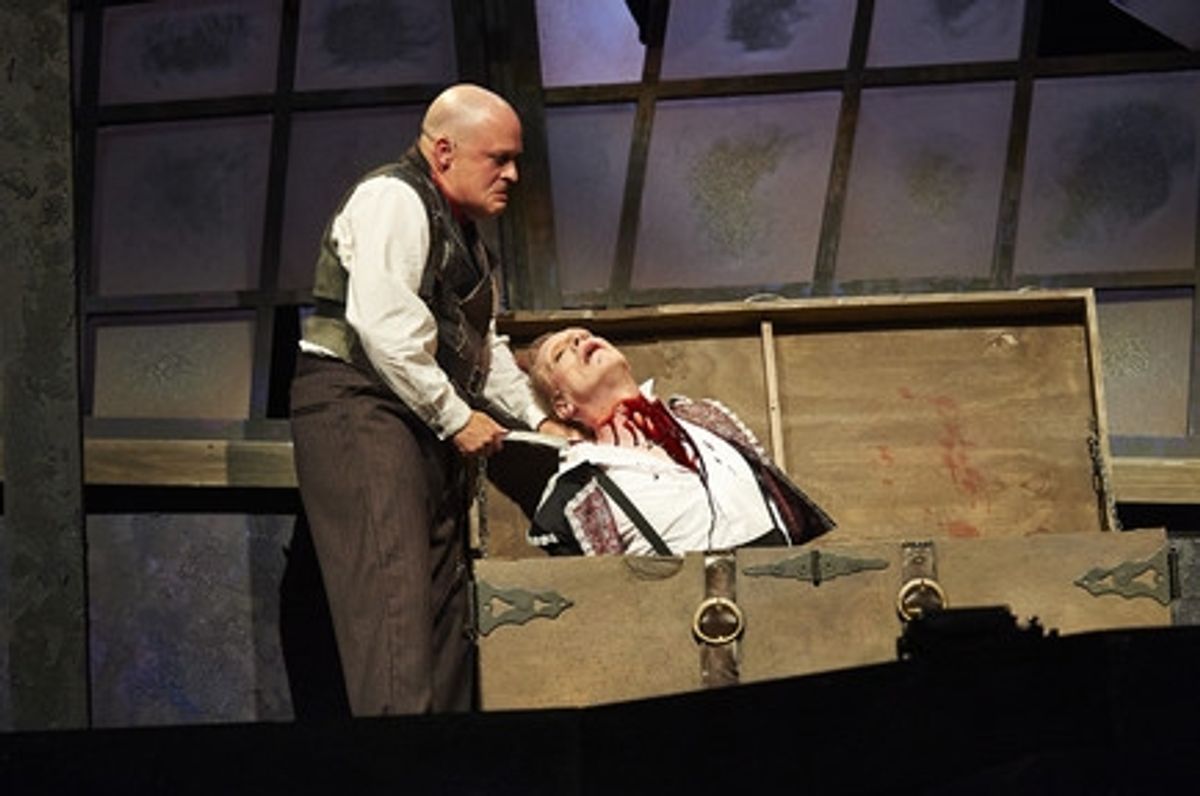 Actor Tom Ford (left, as Sweeney Todd) dispatches his first victim, actor Mark G. Hawbecker (right, as Adolfo Pirelli) at 