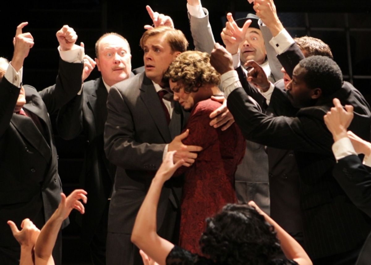 Peter Middlecamp and Kendall Anne Thompson (center) as Richard and Anna Hauptmann, surrounded by reporters (l to r) Gary Briggle, James Ramlet, Jon Andrew Hegge, Nicholas Freeman, and Ron Collier at 