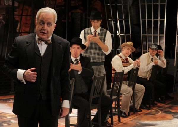 Gary Briggle as President Hoover talking to reporters (l to r) Nicholas Freeman, Jon  Photo