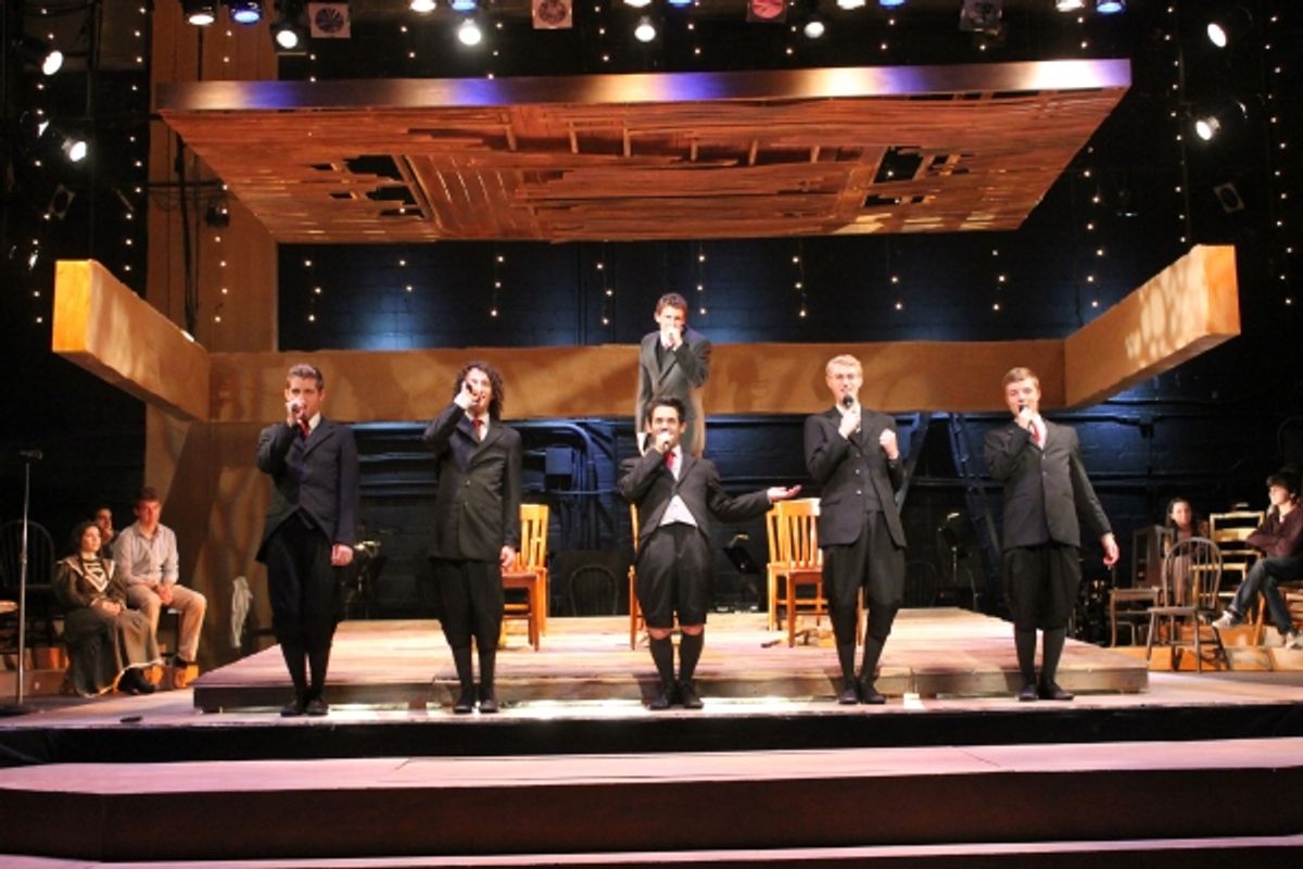 The Boys of Spring Awakening -- from left first row: Bryan Dougherty (Hanschen), Johnny Schaffer (Otto), Alexander Michaels (Moritz), William West (Georg), and Tommy Walters (Ernst); second row:  Michael Barthel (Melchoir)
 at 