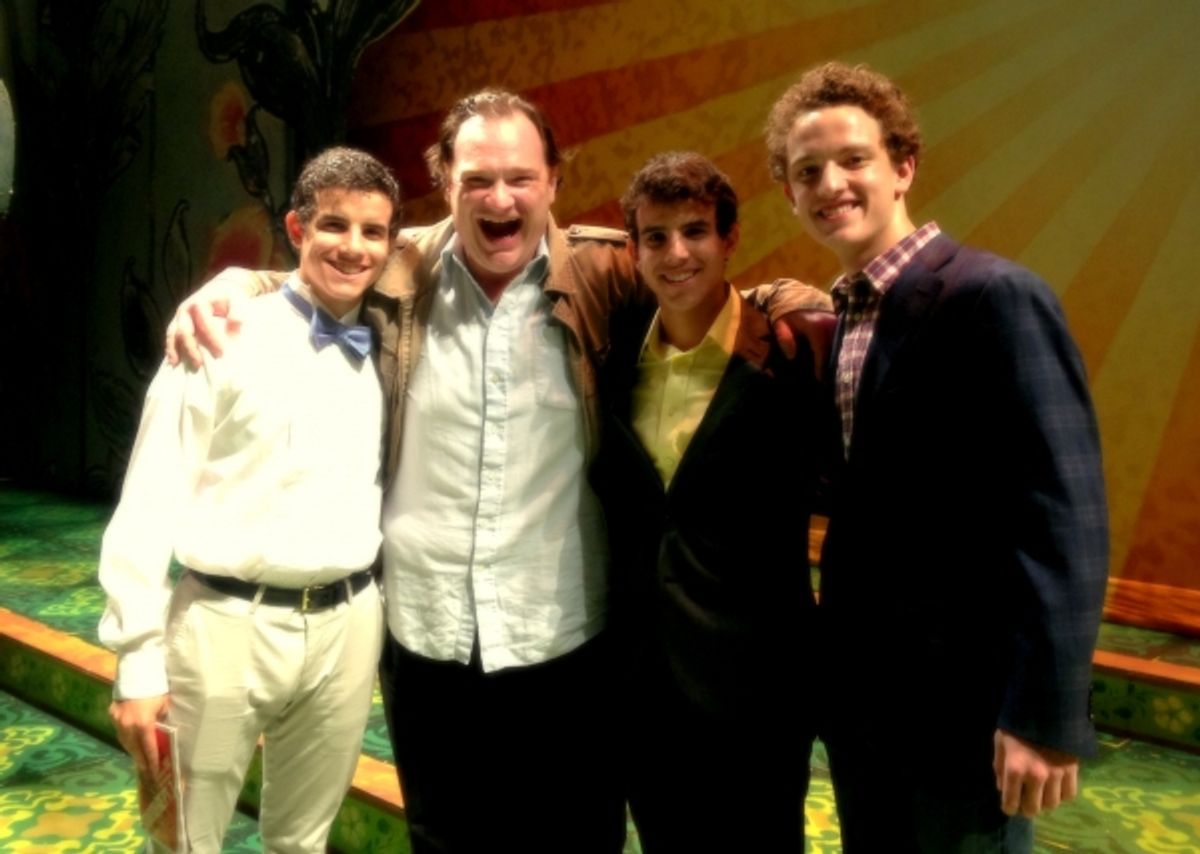 Jacob Guzman, Kevin Carolan (Baloo), David Guzman, and Iain Young after the October 10 performance of THE JUNGLE BOOK at the Huntington Theatre Company. Photo: Huntington Theatre Company at 