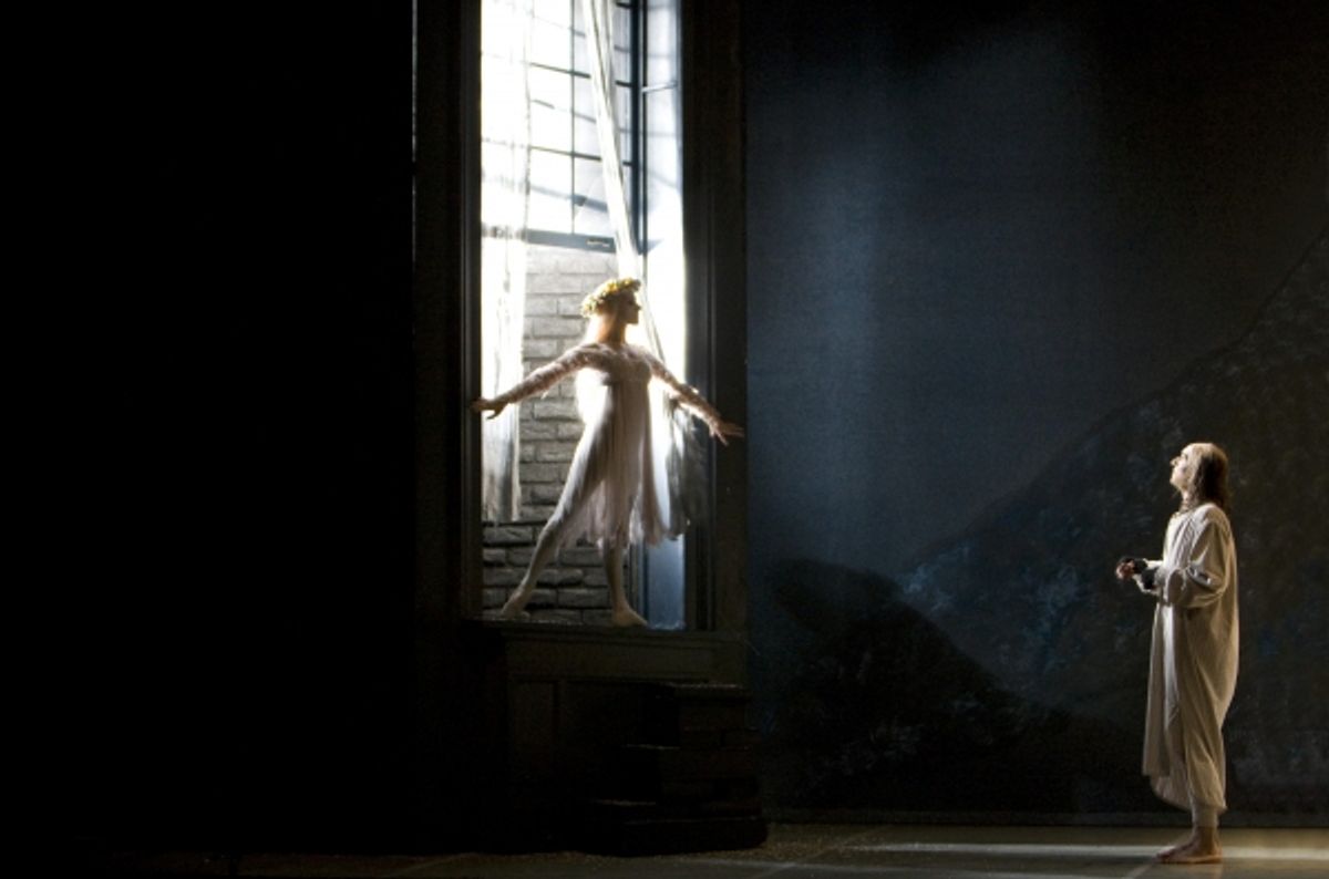 Julie Charlet as Ghost of Christmas Past and Daren Goldsmith as Scrooge at 