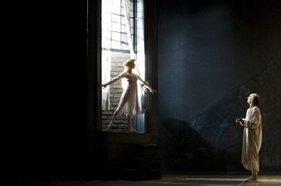 Julie Charlet as Ghost of Christmas Past and Daren Goldsmith as Scrooge Photo