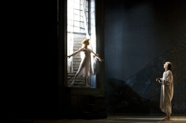 Julie Charlet as Ghost of Christmas Past and Daren Goldsmith as Scrooge Photo