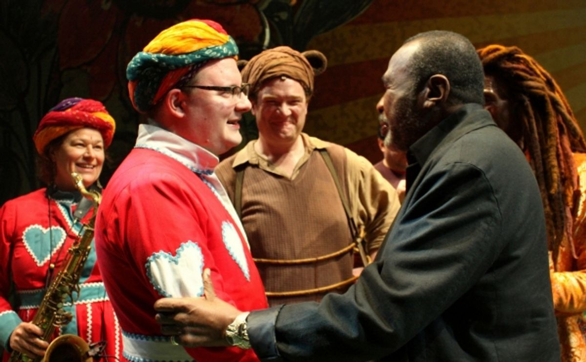 Ben Vereen greets THE JUNGLE BOOK Music Director Doug Peck as Juli Wood (saxophone), Kevin Carolan (Baloo), and Andre De Shields (King Louie) look on at 