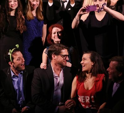  John Tartaglia, Christopher Sieber,  Jeanine Tesori, David Lindsay-Abaire and Compan Photo