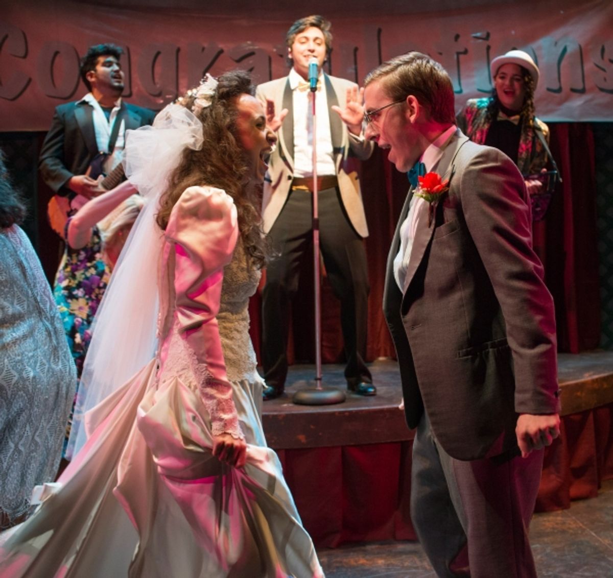 (L to R, Front) Kelly Abell (Cast) and Joe Capstick (Cast); (L to R, Back) Danny Martinez (Sammy), Tony Allen (Robbie) and Alex Heika (George) at 