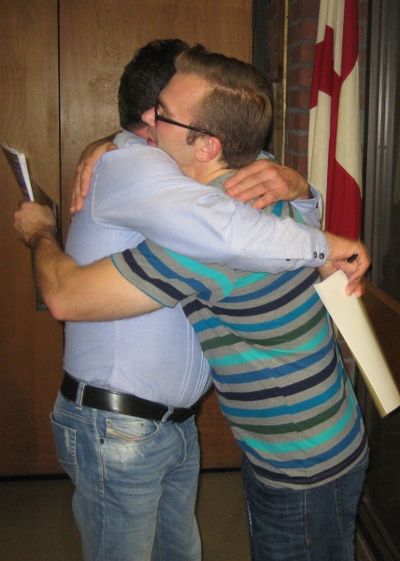 Jerry Torre greets his on-stage counterpart, Ian Lynch-Passarelli (Joseph Kennedy, Jr Photo