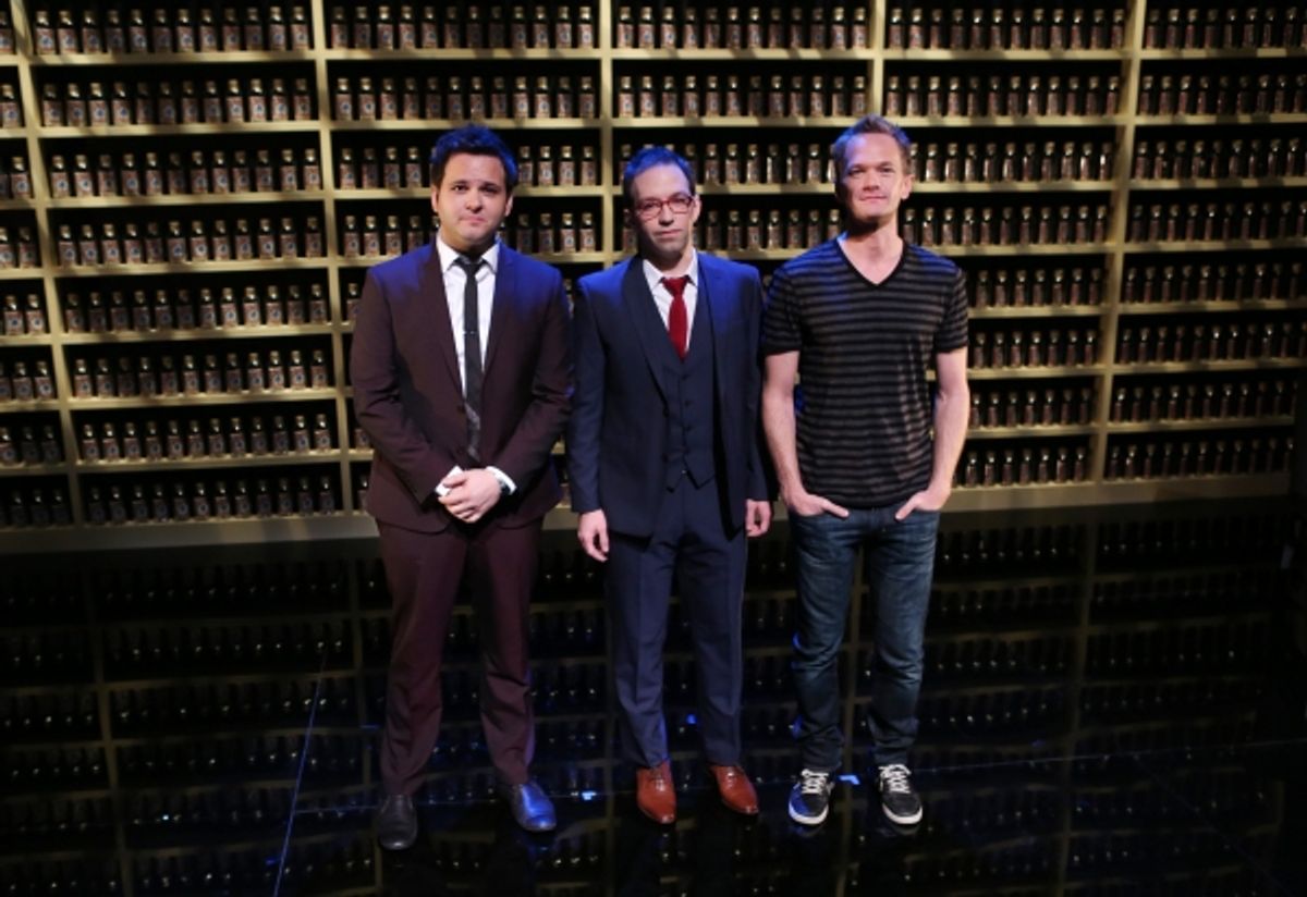 Performer and Writer Derek Delgaudio, Performer and Magic Choreographer Helder Guimaraes with their  Director Neil Patrick Harris  at 