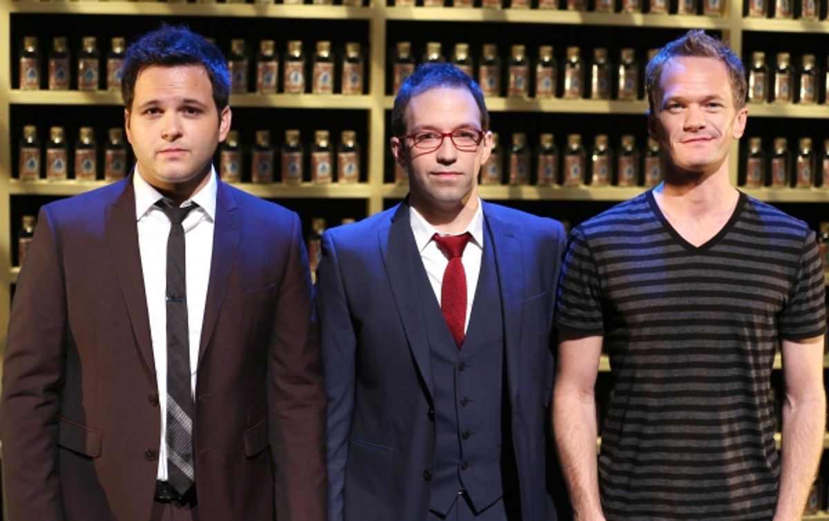 Performer and Writer Derek Delgaudio, Performer and Magic Choreographer Helder Guimaraes with their  Director Neil Patrick Harris  at 