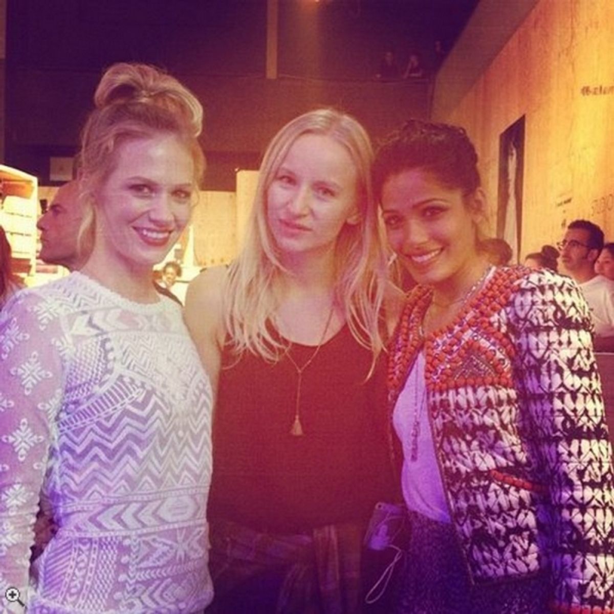 January Jones and Freida Pinto with a Russian Glamour editor at 