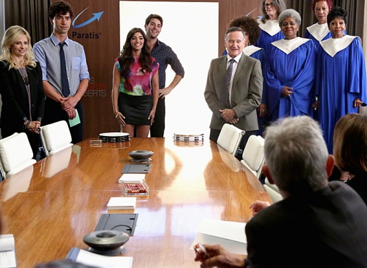 ''Hugging the Now'' -- Left to Right: Sydney (Sarah Michelle Gellar), Andrew (Hamish Linklater), Lauren (Amanda Setton), Zach (James Wolk) and Simon (Robin Williams) hold a pitch meeting to remember, on THE CRAZY ONES, Thurs. Oct. 31 (9:01 Ã'Æ’Ã¯Â¿Â½Ã'â€š at 