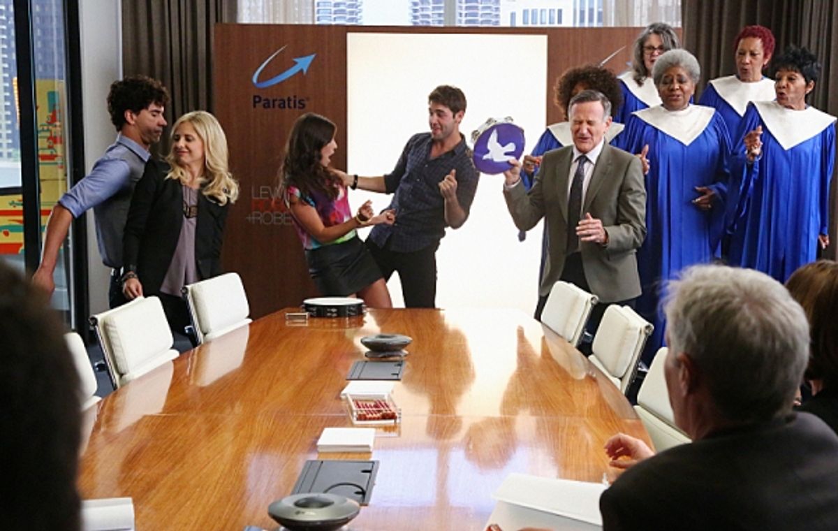 ''Hugging the Now'' -- Left to Right: Andrew (Hamish Linklater), Sydney (Sarah Michelle Gellar), Lauren (Amanda Setton), Zach (James Wolk) and Simon (Robin Williams) hold a pitch meeting to remember, on THE CRAZY ONES, Thurs. Oct. 31 (9:01 Ã'Æ’Ã¯Â¿Â½Ã'â€š at 