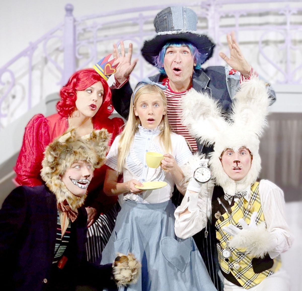 Jay Jacobson as Cheshire Cat, Deb Paul as Queen of Hearts, Rachel Forney as Alice, Larry Mahlstedt as Mad Hatter, and James Kolnik as White Rabbit at 