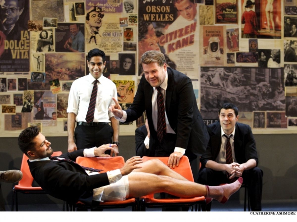 (left to right) DOMINIC COOPER, SACHA DHAWAN, JAMES CORDEN and PHILIP CORREIA in The History Boys by Alan Bennett (recreating their roles in the play which premiered at the NT in 2004) at 