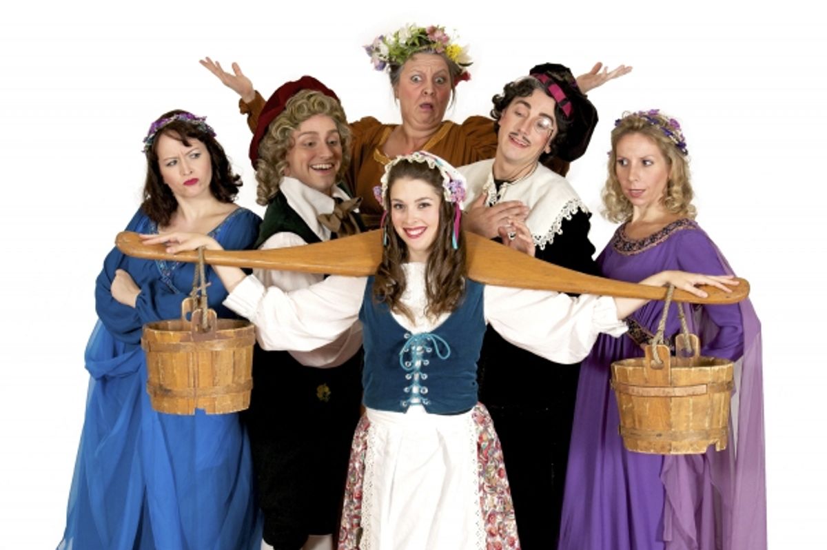 Erika Person as Lady Angela, David Macaluso as Grosvenor, Sarah Caldwell Smith as Patience, Caitlin Burke (behind) as Lady Jane, James Mills as Bunthorne, Melissa Attebury as Lady Saphir in ''Patience'' at 