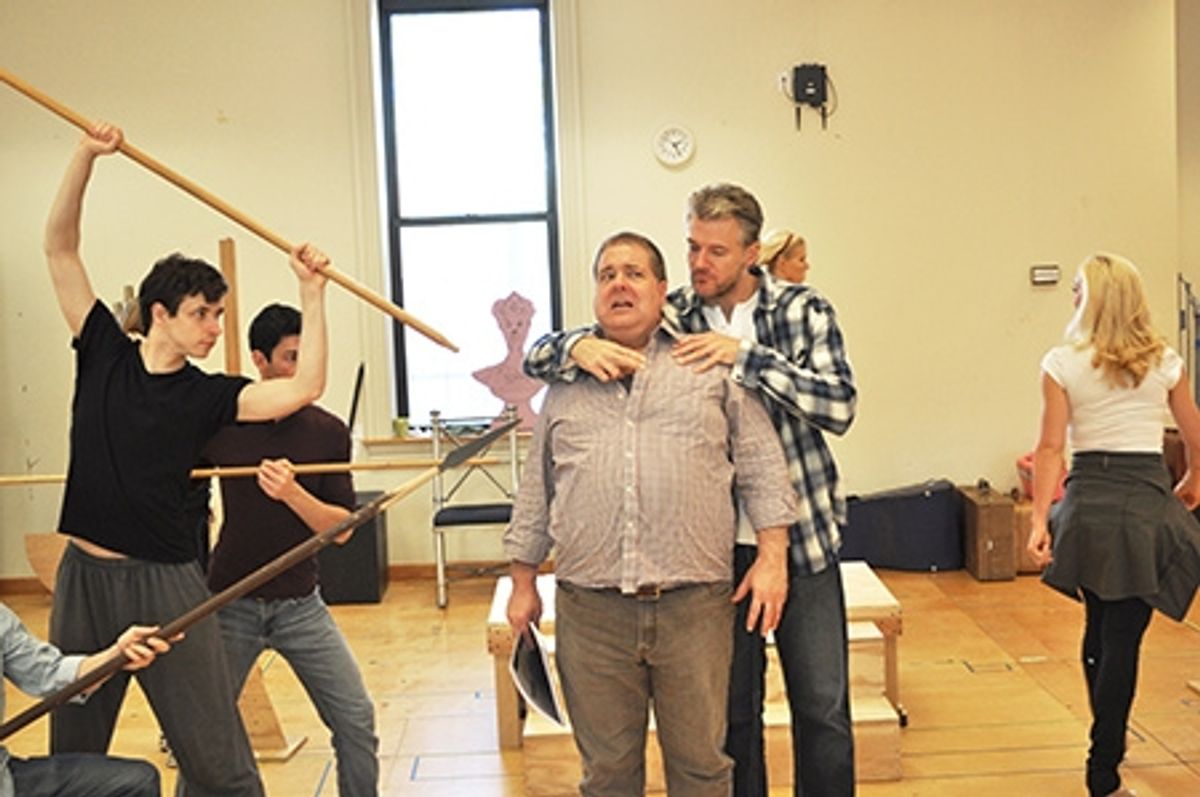 Nick Flatto as Protean, Matthew Bauman as Protean, Bruce Dow as Pseudolus and Edward Watts as Miles Gloriosus at 