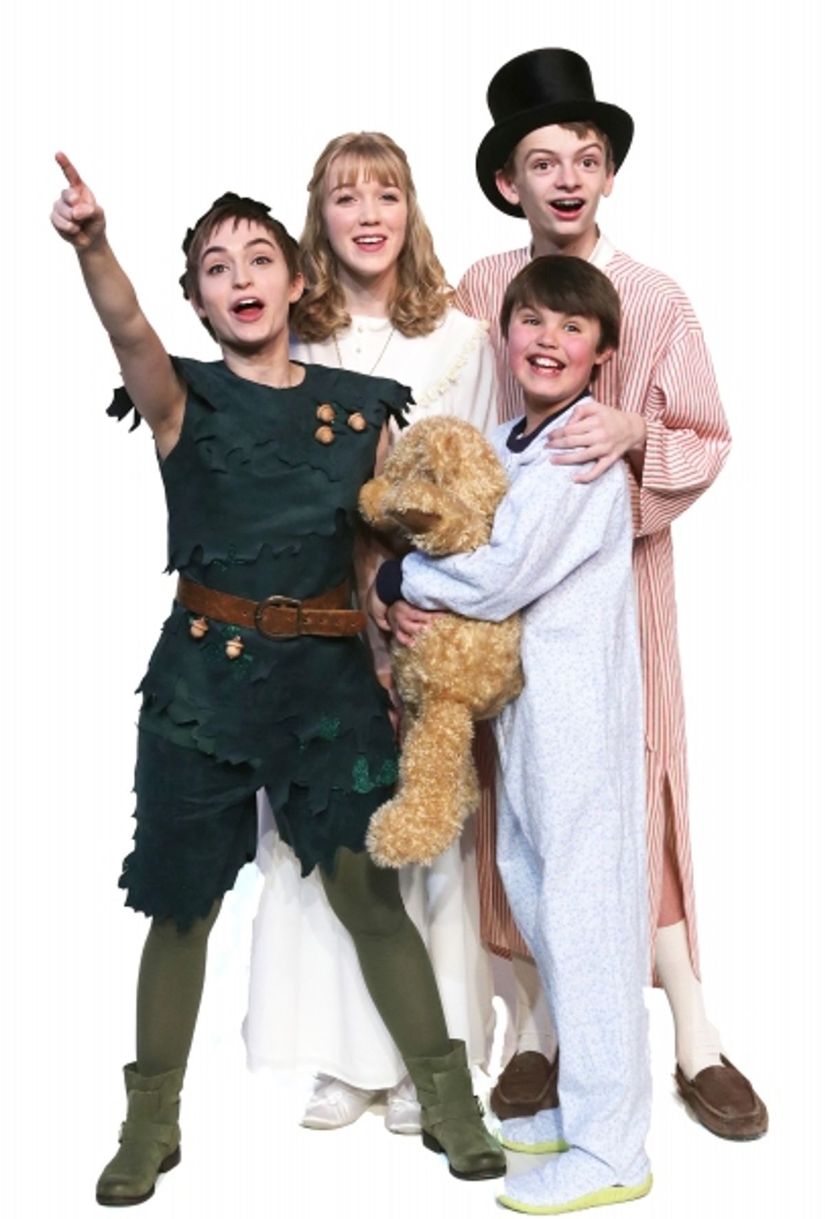 (Clockwise from lower left) Samantha Arneson as Peter Pan, Meredith Toebben as Wendy, Jones Pfeifer as John, and Noah Hackbart as Michael at 