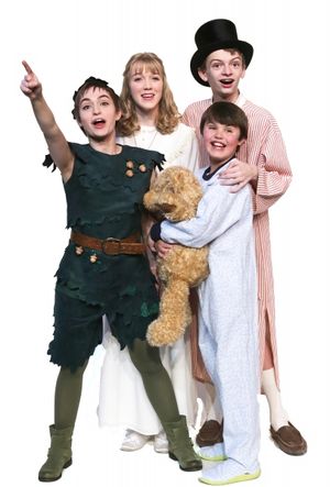 (Clockwise from lower left) Samantha Arneson as Peter Pan, Meredith Toebben as Wendy, Jones Pfeifer as John, and Noah Hackbart as Michael @ BroadwayWorld (Clockwise from lower left) Samantha Arneson as Peter Pan, Meredith Toebben as Wendy, Photo