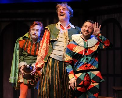 Justin McCombs as Sir Andrew, Jim Hopkins as Sit Toby and Jeremy Dubin as Feste Photo
