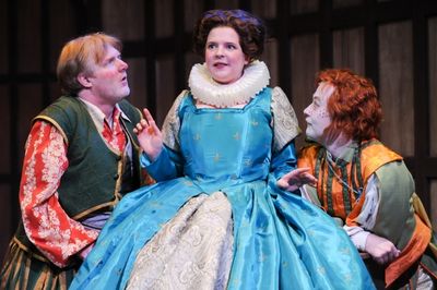 Jim Hopkins as Sir Toby, Miranda McGee as Maria and Justin McCombs as Sir Andrew Photo