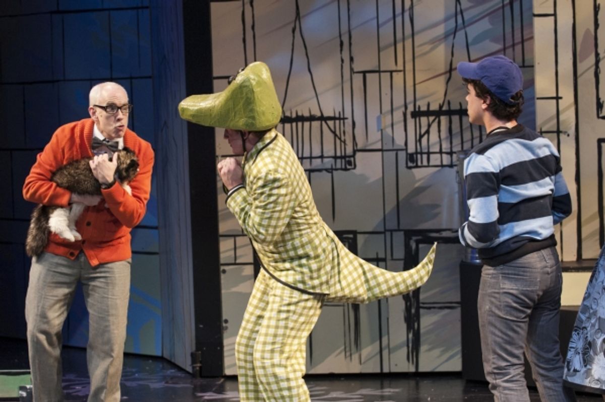 Mr. Grumps (Michael John Casey) warns Lyle (Kurt Boehm) and Joshua (David Landstrom) to stay away from Loretta the cat (Loretta) or else at 