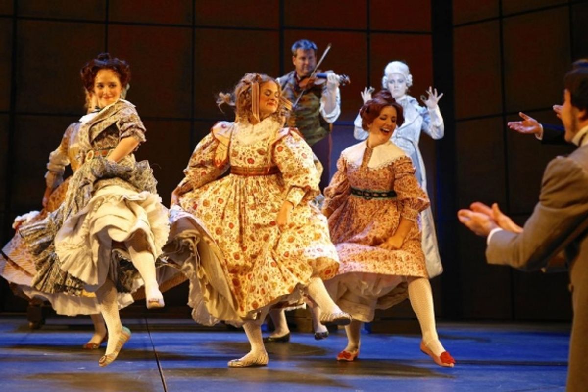 Raven Gabrielle Perez, Francesca Santoro, and Chloe Rodabaugh (Fezziwig Daughters), with Joe Davoli (Joe the Fiddler) and Erin Christine Walsh (Ghost of Christmas Past) at 