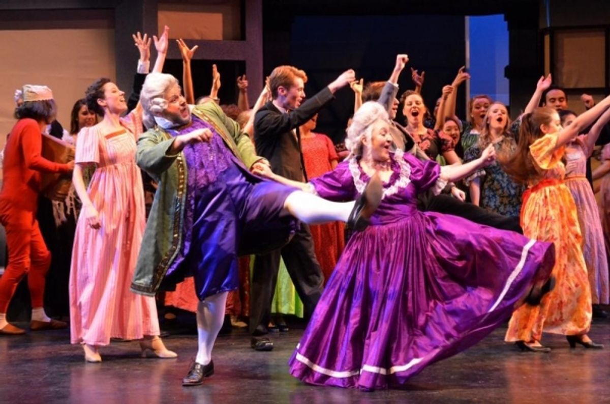 Jeremy Hilgert as ''Mr. Fezziwig'' and Rita Medina as ''Mrs. Fezziwig'' with Fezziwig Guests at 