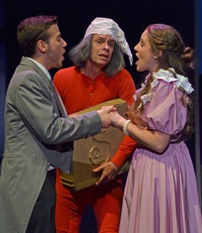 Jared Cowley as ''Young Ebenezer'', Osborn Focht as ''Ebenezer Scrooge,'' and Nikki M Photo