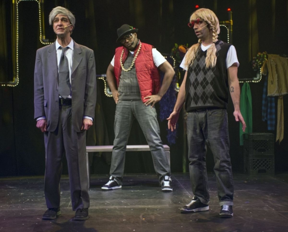 Spun back in time by the DJÃ¢â‚¬â„¢s beats, Ebenezer Scrooge (GQ) is taken by the old-school Ghost of Christmas Past (Postell Pringle) to revisit his first love Belle (JQ) at FezziÃ¢â‚¬â„¢s Wig and Weave Shop. at 