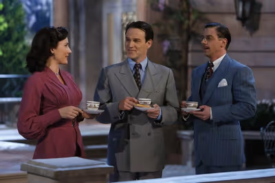 Laura Benanti as Elsa Schraeder, Stephen Moyer as Captain Von Trapp, Christian Borle  Photo