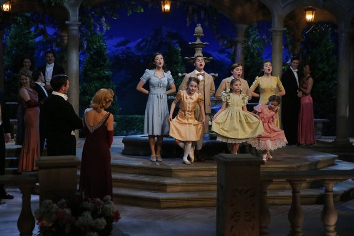 Ariane Rinehart as Liesl, Michael Nigro as Friedrich, Joe West as Kurt, Ella Watts-Gorman as Louisa; (front, l-r) Sophia Grace Caruso as Brigitta, Grace Rundhaug as Marta, Peyton Ella as Gretl  at 