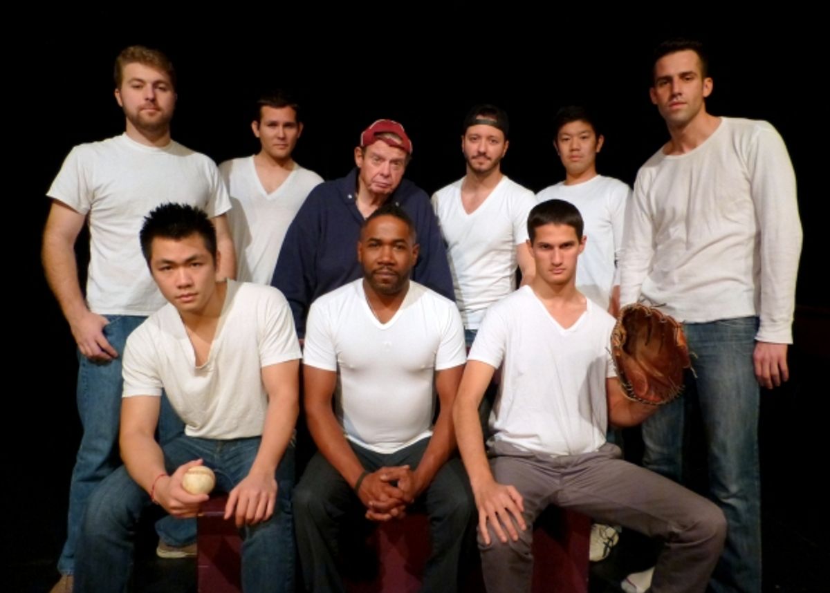The cast of TAKE ME OUT, opening at the Flight Theatre in Hollywood 1/4/14. (seated from left): Hayden Lam, Barry Brisco, Justin Teitell (standing from left): Peter Stoia, Gustaf Saige, PJ Waggaman, Will Bethencourt, Takumi Bansho, Jeff Basham at 