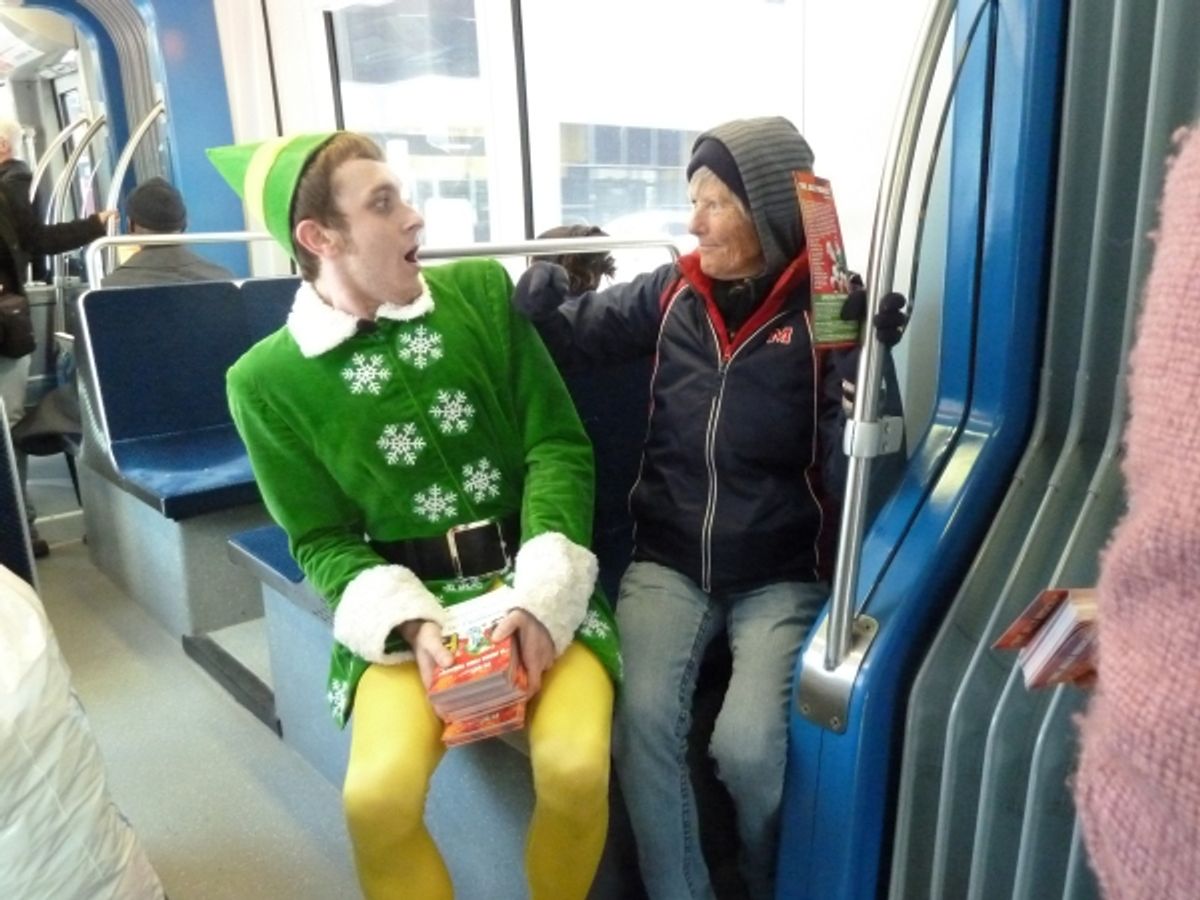 Jason Broussard as Buddy. at Buddy the Elf Brings Sparklejollytwinklejingley Joy to Houston METRORail