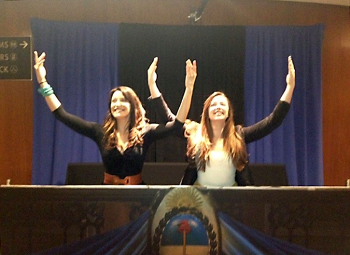 Caroline Bowman, who stars as Eva PerÃ'Â³n in the current run of EVITA at the Center, and Desi Oakley, who performs in certain performances, popped up to the audience engagement displays in the Segerstrom Center lobbies on Wednesday evening. They stepped  at 