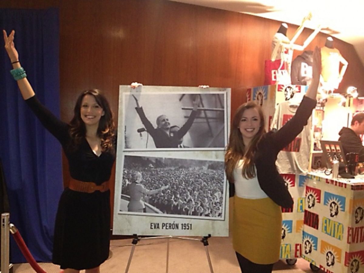 Caroline Bowman, who stars as Eva PerÃ'Â³n in the current run of EVITA at the Center, and Desi Oakley, who performs in certain performances, popped up to the audience engagement displays in the Segerstrom Center lobbies on Wednesday evening. They posed ne at 