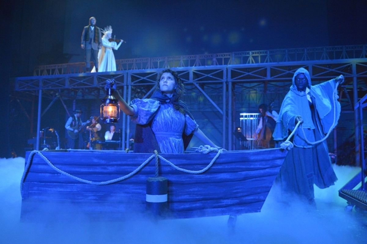 Gerda (Eryn Murman) is fording the River, played by (Rhett George), in search of Kai (Tim Homsley), who looks on next to the Snow Queen (Jane Pfitsch) in San Jose RepÃ¢â‚¬â„¢s world premiere musical adaptation of The Snow Queen. at 