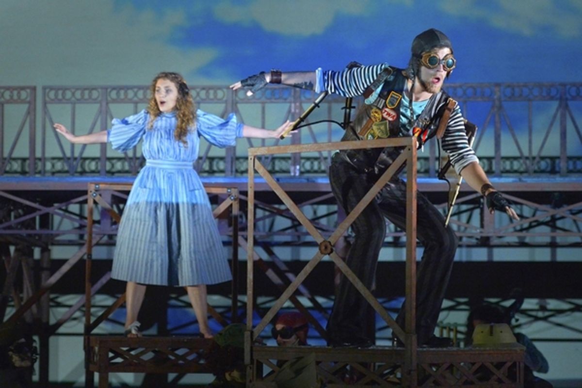 Gerda (Eryn Murman) flies with the Crow (Jason Hite) in San Jose RepÃ¢â‚¬â„¢s world premiere musical adaptation of The Snow Queen. at 