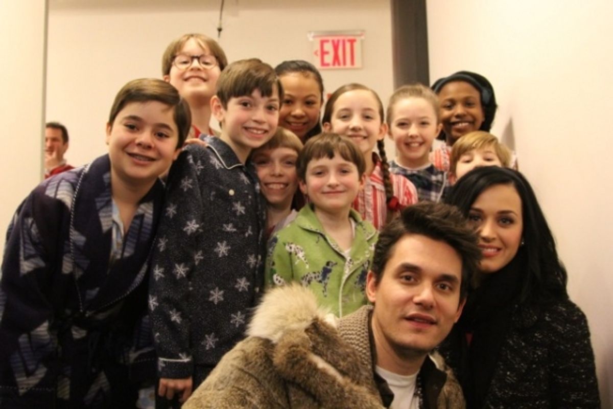 Backstage at Good Morning America: The kids ensemble from A CHRISTMAS STORY, THE MUSICAL with John Mayer and Katy Perry. Photo by Jim Brady. at 